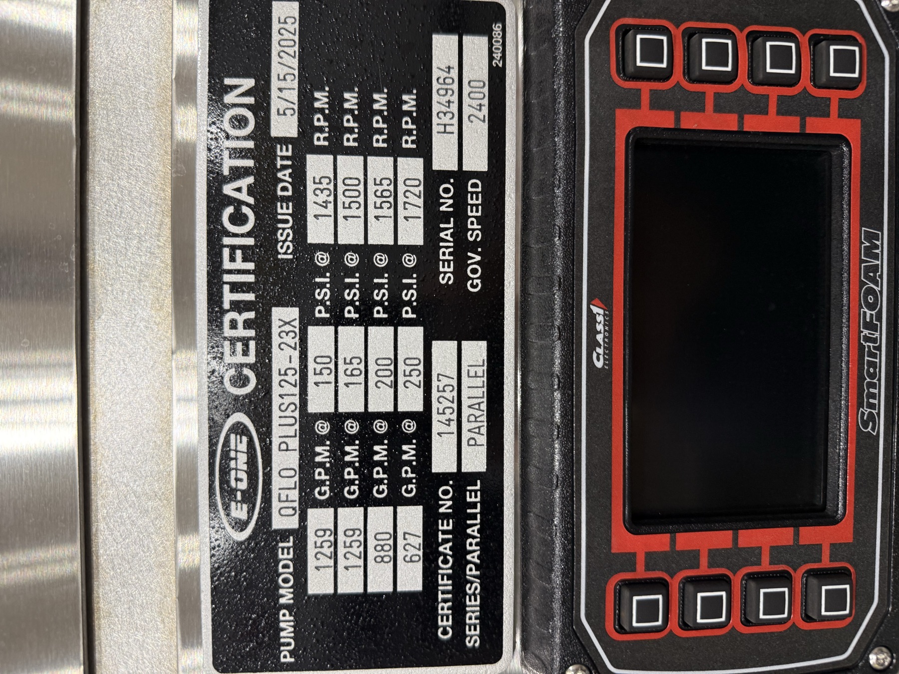 E-One pump certification plate (issued 5-15-2025): QFLO Plus pump, 1,259 GPM at 150 PSI, with the SmartFOAM controller below it.
