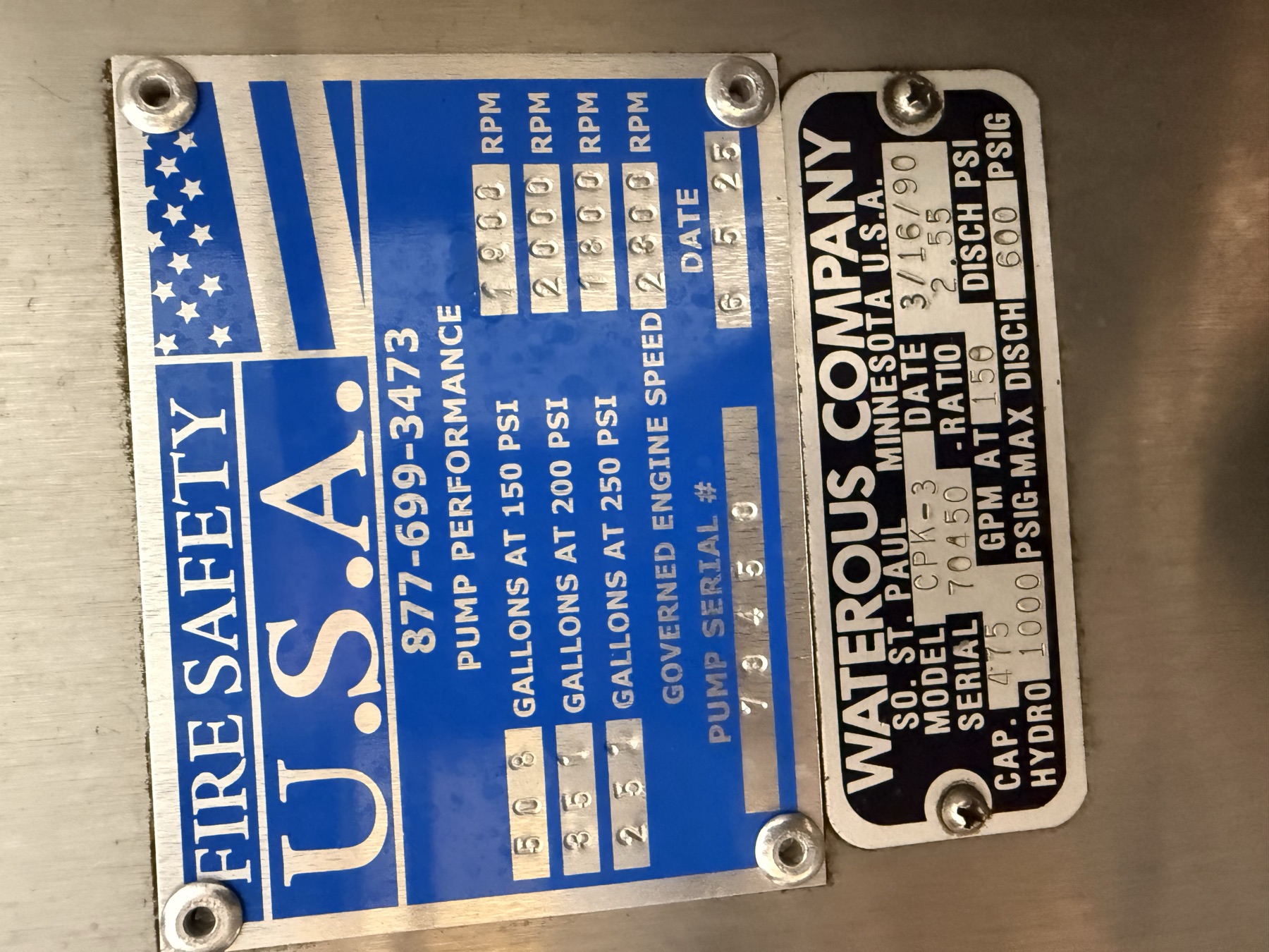 Pump plates: Waterous CPK-3 (built 3-16-90, rated 475 GPM at 150 PSI) and the Fire Safety USA flow test of June 2025: 508 gallons a minute at 150 PSI.
