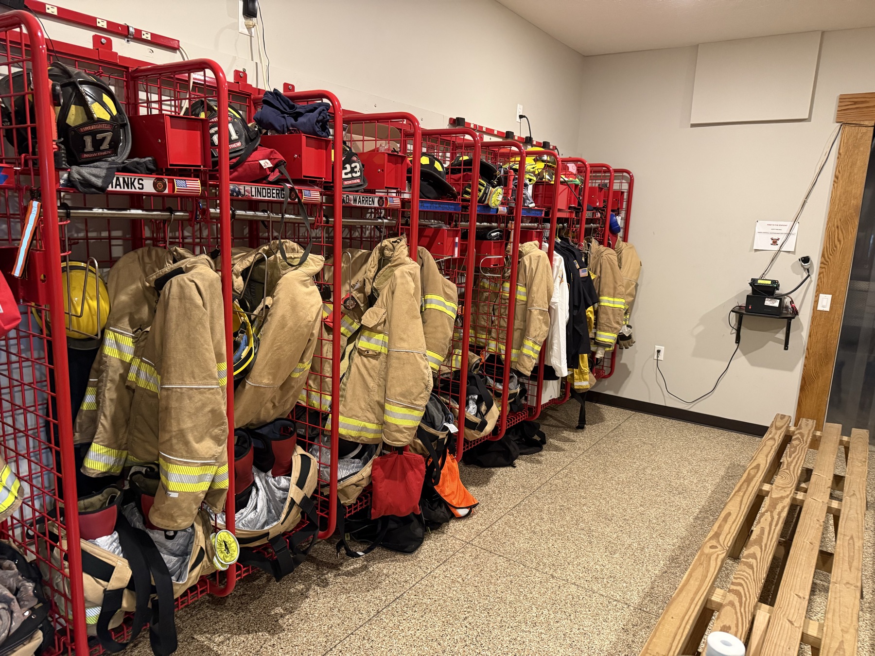 Named lockers for each firefighter.