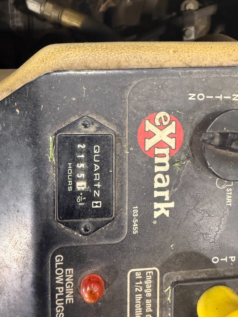 Exmark hour meter, June 2026: 2,155 hours.